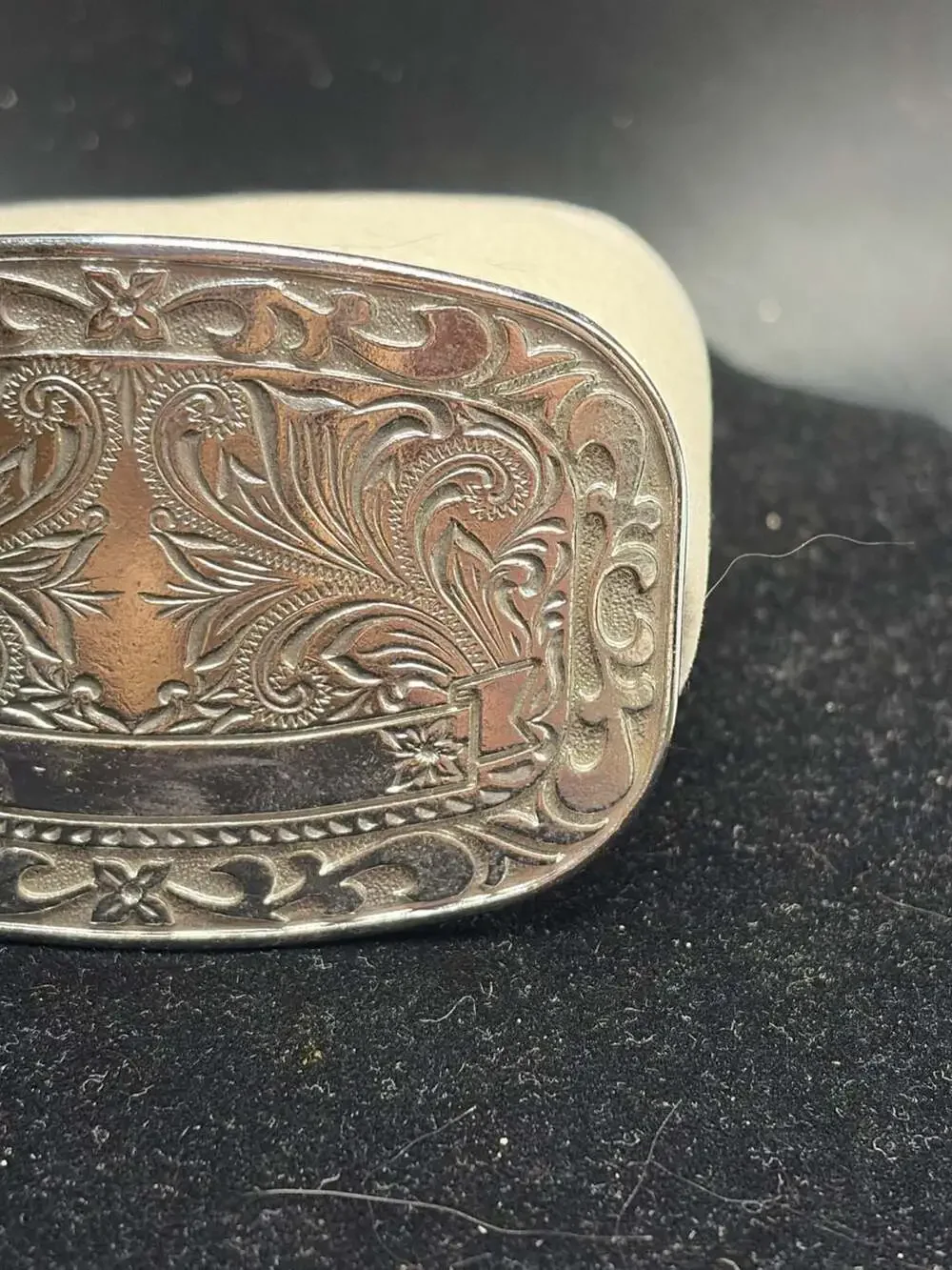 Vintage Western Silver-Tone Engraved Floral Scroll Award Banner Belt Buckle